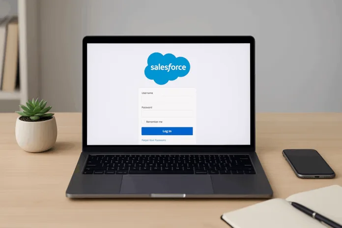 Laptop on desk displaying Salesforce login screen with username and password fields visible.