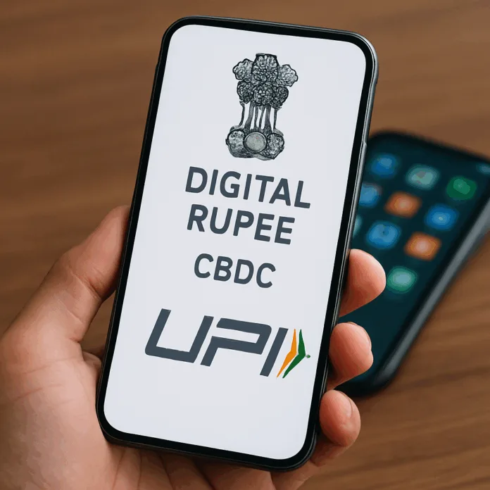 Digital Rupee UPI Integration: What It Means for India’s Future of Payments A person holding a smartphone showing digital rupee UPI integration on the screen, with a secondary device in the background.