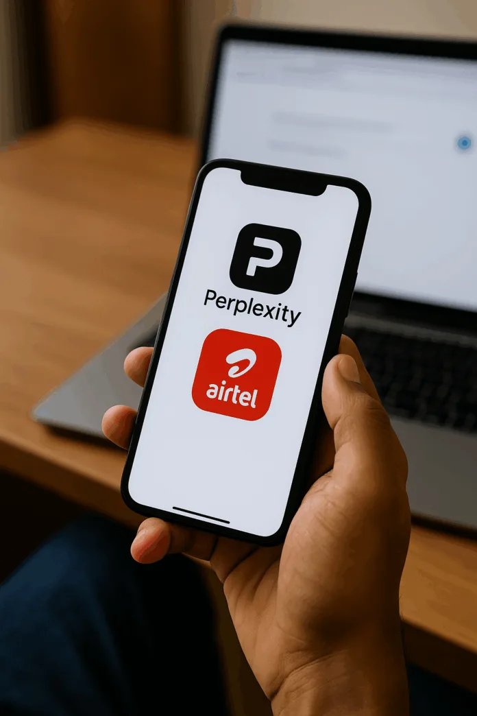 Perplexity AI Free Premium Offer Displayed on Airtel Thanks App Smartphone displaying Airtel Thanks App interface, showing the Perplexity AI Free Premium offer screen.
