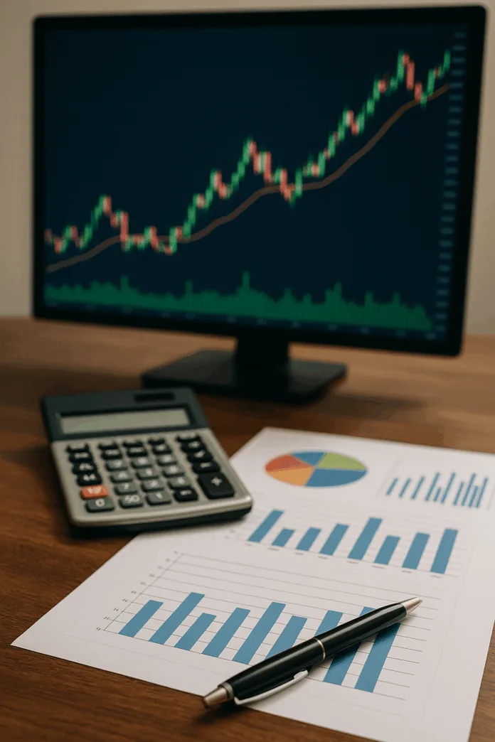 A desk with financial tools including a calculator, printed bar and pie charts, and a computer monitor displaying a candlestick stock chart.
