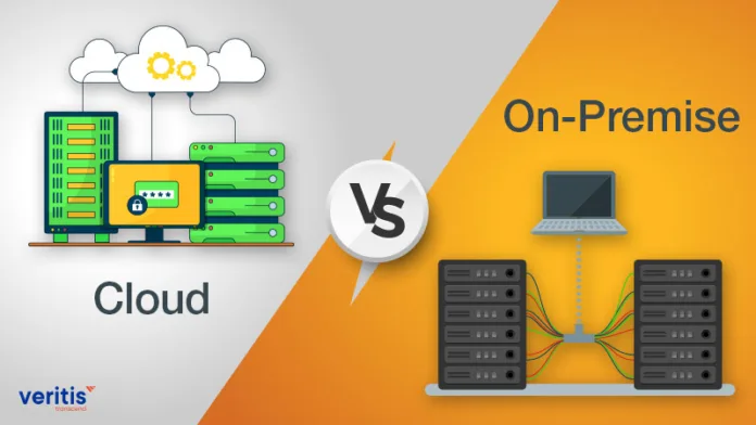 Cloud vs On-Premise Solutions Illustration comparing cloud vs on-premise solutions for business IT infrastructure.
