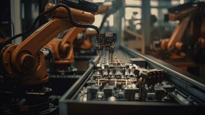 Industrial robotic arm assembling components on a smart manufacturing production line.