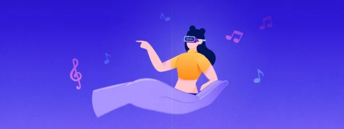 the-Metaverse-is-Transforming-the-Future-of-music Illustration of a woman in VR headset with musical notes, symbolizing Metaverse live music.
