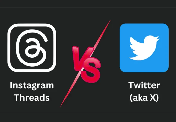 which-social-media-platform-wins Instagram Threads logo vs Twitter (X) logo with a red VS symbol in between, representing a social media platform comparison in 2025.