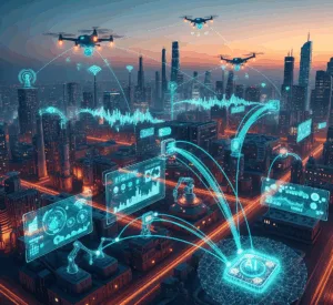 A futuristic AI agent, sleek and intelligent, interacting with complex data visualizations in a high-tech environment.